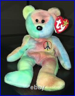 Rare TY Beanie Baby Peace Bear Original Collectible w/ Tag Errors PE Pellets 102 