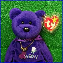 1997 Princess Diana Bear Ty Beanie Baby China PVC No Space & RARE Charm Necklace