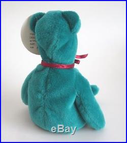 Authenticated PROTOTYPE Ty OLD FACE TEAL Teddy with Ribbon & Black Stitching RARE