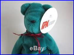 Authenticated PROTOTYPE Ty OLD FACE TEAL Teddy with Ribbon & Black Stitching RARE