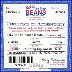 Authenticated Ty 2nd Gen TAN INKY WITHOUT A MOUTH Rare UK Swing Tag MWMT MQ