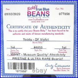 Authenticated Ty Beanie 1st Gen Old Face VIOLET Teddy MWMT MQ Rare & Magnificent