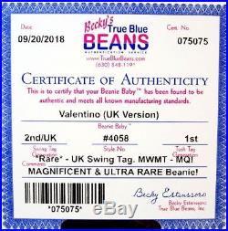 Authenticated Ty Beanie 2nd Gen ULTRA RARE UK Swing Tag VALENTINO MWMT MQ