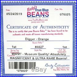 Authenticated Ty Beanie Baby 1st Gen ORANGE DIGGER Ultra Rare & Pristine MWMT MQ