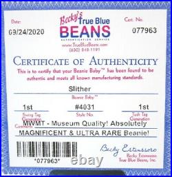 Authenticated Ty Beanie Baby 1st Gen SLITHER Ultra Rare & Pristine MWMT MQ