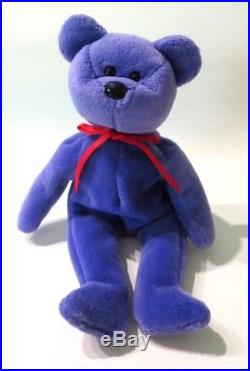 Authenticated Ty Beanie EMPLOYEE TEDDY Red Ribbon New Face Violet Rare & MQ