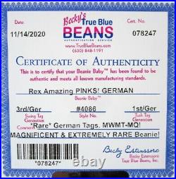Authenticated Ty Beanie GERMAN 3rd / 1st Gen REX Magnificent MWMT MQ & Rare