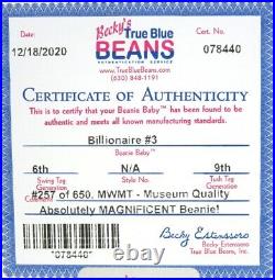 Authenticated Ty Warner Signed Beanie Baby BILLIONAIRE 3 Teddy MWMT MQ So Rare