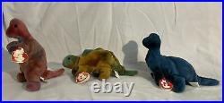 Bronty, Rex, and Steg TY Beanie Baby RARE 3rd Gen Hang Tag & 1st Gen Tush Tag