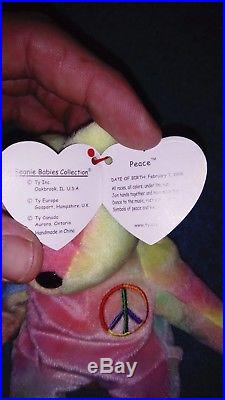 Extremely Rare Errors TY Beanie Babie Peace Bear with Tag Retired