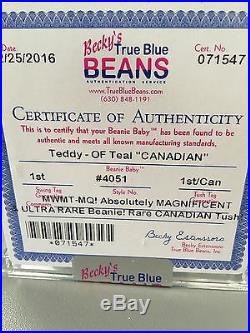 MWMT-MQ Ultra Rare OF Teal Teddy 1st Gen Canadian! Ty Beanie Authenticated TBB