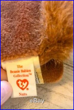 NWT-TY Original Beanie Baby Nuts Squirrel (1996) RARE With Tag Errors