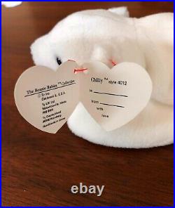 RARE/MINT Chilly the Polar Bear Ty Beanie Baby 3rd Gen Hang Tag / 1st Gen Tush