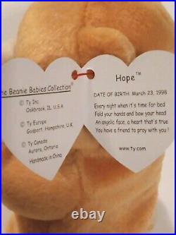 RARE RETIRED Ty Beanie Baby HOPE Praying Bear 1998/1999 & TAG ERRORS PRISTINE