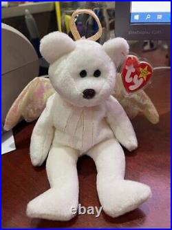 RARE Retired Ty Beanie Babies Halo the Angel Bear Toy. Tag Errors and Brown Nose