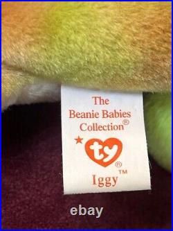 RARE TY IGGY The Iguana Beanie Baby with Tie-dye Fabric & TAG ERRORS (1997)