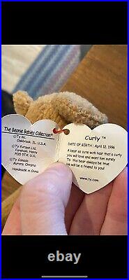 RARE Ty Beanie Baby CURLY THE BEAR 1996 Retired Collectible TAG ERRORS