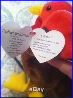 RETIRED RARE GOBBLES 1996 Ty Beanie Baby Swing Tag 2 Errors