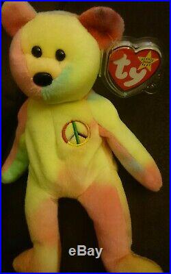 Rare Mint Ty Beanie Babies'Peace' Teddy Bear 1996 Indonesia with tag protector