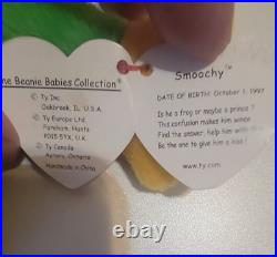 Rare Retired 1997 Ty Beanie Baby Smoochy The Frog With Pe Pellets/tag Errors