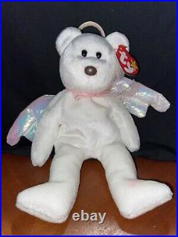 Retired TY HALO the angel bear Beanie Baby Rare With Brown Nose & Errors 1998