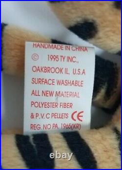 STRIPES THE TIGER Rare Retired 1995 Ty Beanie Baby Tag Errors and PVC Pellets