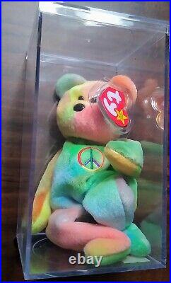 The Original Rare & Retired Vintage Peace Bear Beanie Baby withDisplay Case