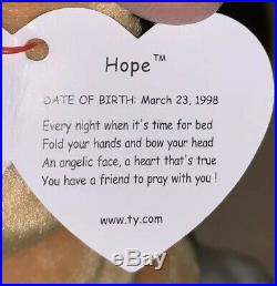 Ty Beanie Baby Hope Praying Bear With 2 Tag Errors SUPER RARE 1998 COA MWMTs