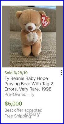 Ty Beanie Baby Hope Praying Bear With 2 Tag Errors SUPER RARE 1998 COA MWMTs