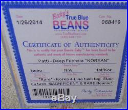 ULTRA RARE Authenticated Ty Deep Fuchsia Patti KOREAN Beanie Baby Korea 1st Tush